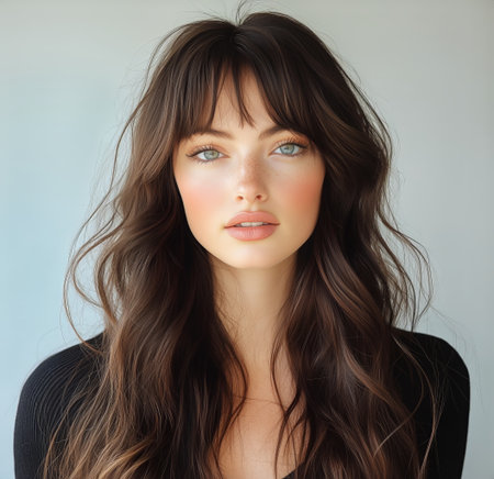 A young woman with long, wavy hair and striking blue-green eyes appears against a soft, light backdrop. Her expression is serene and engaging, showing natural beauty.の素材