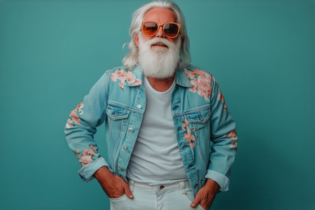 An elderly man with a white beard and long hair showcases his unique style, wearing a floral denim jacket and sunglasses while standing against a solid blue backdrop.の素材