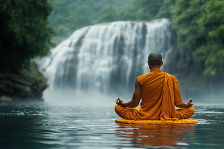 A monk sits calmly in meditation on the surface of water, with a stunning waterfall cascading behind him amidst gentle rain, creating a peaceful atmosphere in nature.の素材