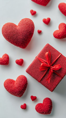 A beautifully wrapped gift in white with a red ribbon is surrounded by tiny red hearts on a pale surface, perfect for celebrations like anniversaries or Valentines Day.の素材
