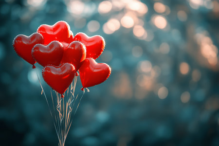 Red heart-shaped balloons rise against a dreamy, blurred backdrop, evoking a sense of love and celebration during a special occasion like Valentines Day.の素材