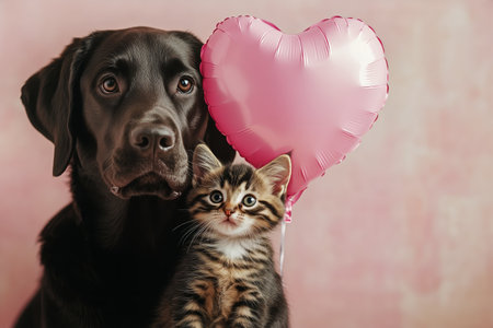 A playful labrador retriever gently holds a heart-shaped balloon next to a curious striped kitten. The background is a soft pink, creating a warm, cheerful atmosphere.の素材