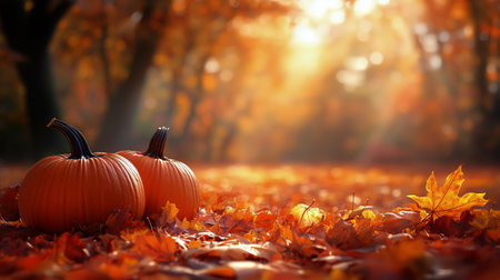 Two bright orange pumpkins rest on a bed of vibrant autumn leaves in a sunlit forest clearing. The warm light casts a golden glow, enhancing the seasonal beauty of the scene.の素材