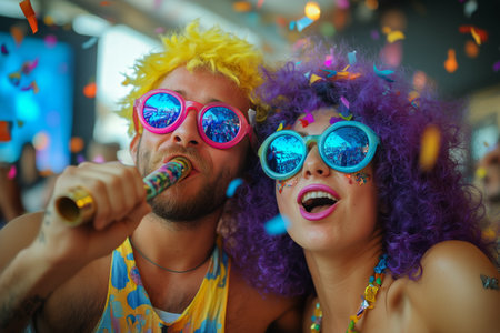 Two friends celebrate wearing vibrant costumes and sunglasses, surrounded by colorful confetti and a festive atmosphere at a lively event during the day.の素材