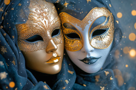 Two beautifully crafted masks adorned with gold and silver sit closely together, evoking an air of mystery and festivity. The background sparkles with festive lights.の素材