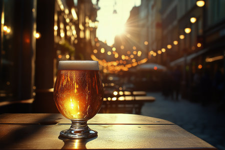 Warm sunlight filters through a glass of golden beer sitting on a wooden table outside, creating a cozy atmosphere as people enjoy the lively outdoor setting in the evening.の素材