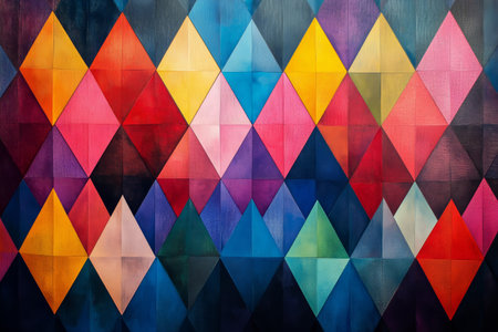 Vibrant geometric shapes create an eye-catching pattern on a wall. The design features colorful diamonds in a variety of hues, showing artistic creativity and bold color choices.の素材