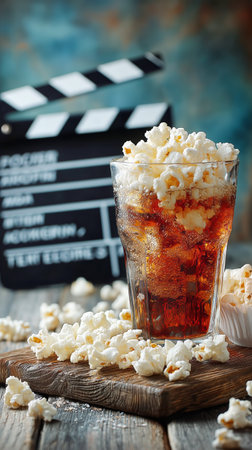 A refreshing glass of cola topped with golden popcorn sits on a wooden board surrounded by scattered popcorn. A film clapperboard adds a cinematic touch to the cozy atmosphere.の素材