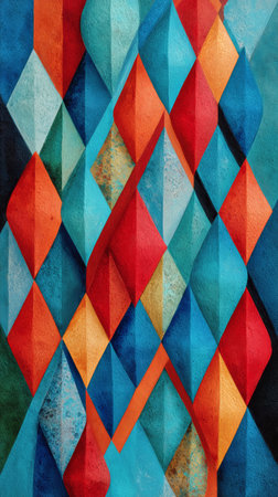 Vivid diamond shapes create an energetic pattern featuring a blend of blue, red, yellow, and orange hues, showing a modern artistic design full of dynamic color contrasts.の素材