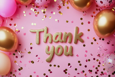 Colorful balloons and confetti surround a golden thank you sign on a pink backdrop, creating a festive atmosphere for celebrations or appreciation events.の素材