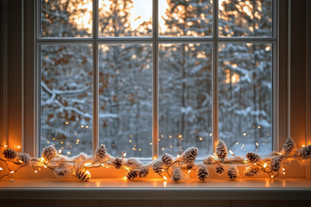 Warm fairy lights and pinecones adorn the window, framing a serene view of snow-covered trees outside during a peaceful winter evening.の素材