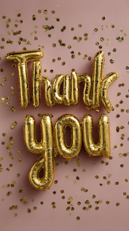 Golden balloons spell out thank you on a soft pink backdrop, surrounded by scattered glitter. Perfect for expressing gratitude at special gatherings or events.の素材