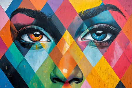 Brightly colored mural showcases intense blue eyes surrounded by geometric shapes, creating a captivating contrast. This urban artwork draws attention in a bustling city area.の素材