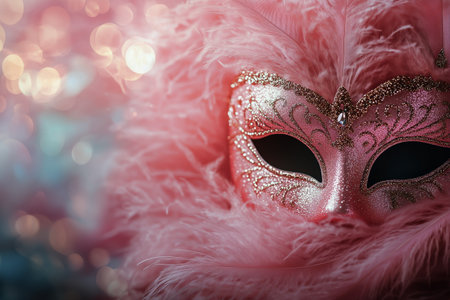 A vibrant pink masquerade mask embellished with delicate feathers and sparkling details stands out against a blurred, colorful background, hinting at a lively celebration atmosphere.の素材