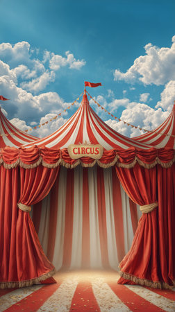 A striking red and white striped circus tent stands tall with billowing drapes, flanked by smaller tents, under a bright blue sky adorned with fluffy white clouds.の素材