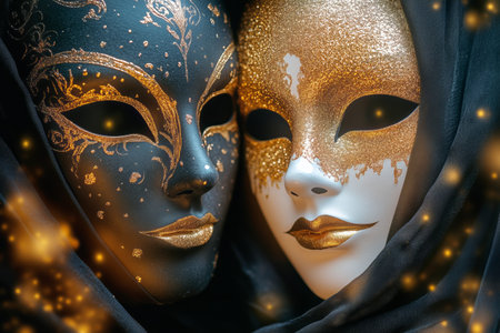 Two ornate masquerade masks, one blue with stars and one gold with elegant patterns, are shown side by side, capturing the spirit of celebration and mystery during an evening festivity.の素材