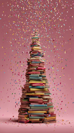 Stacks of colorful books create a towering shape resembling a tree, surrounded by vibrant confetti falling against a pink background, evoking a playful atmosphere.の素材
