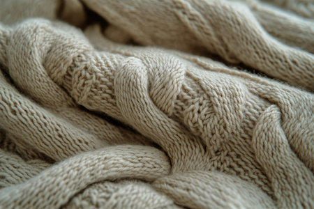 Thick knitted fabric displayed in a close-up view reveals intricate patterns and a warm beige color, perfect for creating a cozy atmosphere in any space.の素材