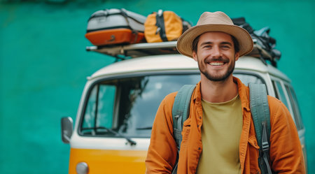 A young man stands confidently with a large backpack on his shoulders, smiling brightly. He is in front of a vintage van, showcasing a vivid backdrop that enhances the travel vibe.の素材