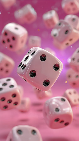 Multiple dice float in mid-air against a vibrant pink backdrop, showing their spots and adding a playful touch. This creative arrangement captures a sense of fun and chance.の素材