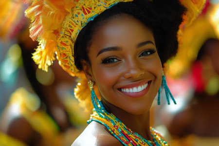 A smiling woman in a colorful headwrap and earrings enjoys a lively cultural celebration surrounded by vibrant costumes and joyful participants during daytime festivities.の素材