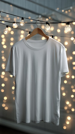 A white t-shirt is displayed on a wooden hanger, illuminated by warm fairy lights in a soft, cozy environment during the evening.の素材