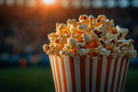 A vibrant bucket of buttered popcorn sits on the ground, with a warm glow from stadium lights illuminating the evening, creating an inviting atmosphere for a movie night.の素材