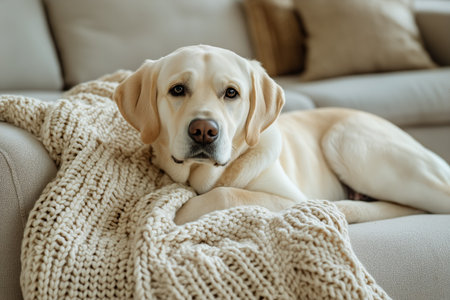 A golden Labrador retriever rests on a soft couch, wrapped in a chunky knit blanket.の素材