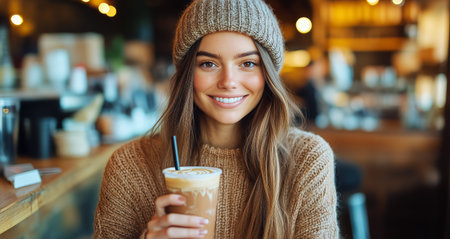 A young woman wearing a knit hat and sweater smiles happily while holding a cold iced coffee in a cozy cafe. The warm lighting and wood decor create a welcoming atmosphere.の素材