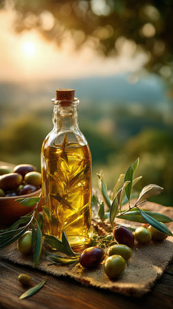 A glass bottle filled with olive oil rests on a wooden surface, surrounded by fresh olives and vibrant green leaves, illuminated by warm sunlight.の素材