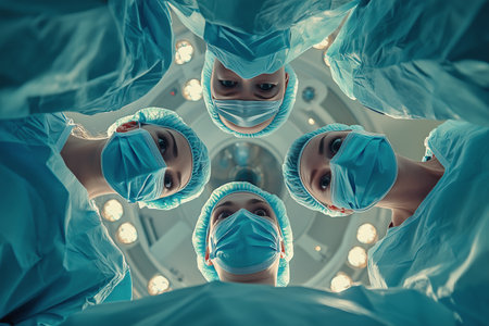 Medical professionals in surgical attire concentrate on their task while preparing for an important operation in the operating room, showcasing teamwork and dedication in healthcare.の素材