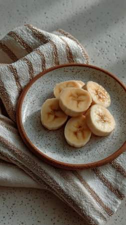 Slices of ripe banana are arranged neatly on a speckled plate, resting on a woven napkin. Soft, natural light illuminates the scene, enhancing its cozy ambiance.の素材