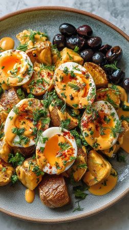 Savory potatoes topped with creamy sauce and soft-boiled eggs garnished with herbs and olives, elegantly presented on a round textured plate.の素材