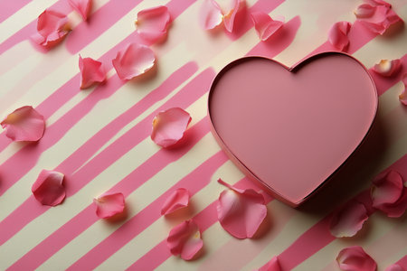A heart shaped gift box rests on a pink striped background, surrounded by scattered rose petals. This setup creates a romantic atmosphere, perfect for special occasions.の素材
