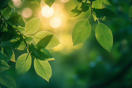 Sunlight filters through vibrant green leaves, creating a warm glow in a peaceful forest. The gentle light highlights the textures and shapes of the foliage during evening hours.の素材