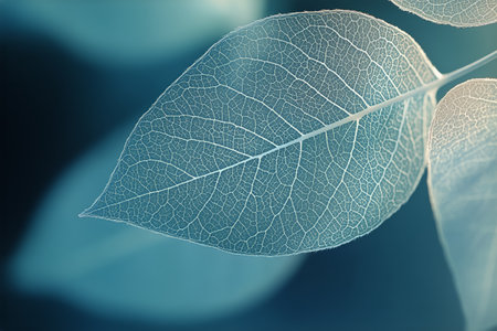 A close-up view of a translucent leaf reveals its intricate vein structure and delicate texture, bathed in soft, natural light during daytime.の素材
