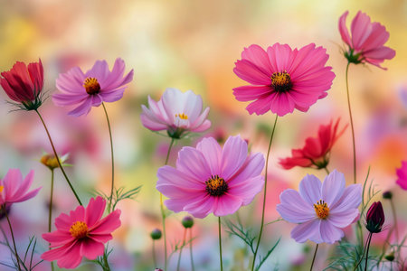 Vibrant cosmos flowers in various shades of pink and white flourish under soft sunlight in a peaceful garden setting during late afternoon hours, creating a picturesque floral display.の素材