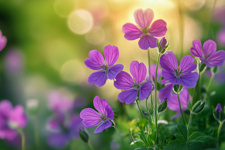 Purple flowers showcase their beauty under the warm sunlight in a garden during spring. Their bright petals stand out against a green background, creating a lively atmosphere.の素材