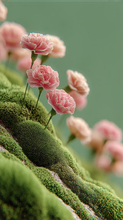 Delicate pink flowers emerge from lush green moss, creating a vibrant contrast in a tranquil environment. Soft light enhances the natural beauty of this peaceful landscape.の素材