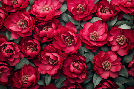 Richly colored peonies create a dense, beautiful display in a garden. The lush blossoms are surrounded by vibrant green leaves, showing the splendor of spring flowers.の素材