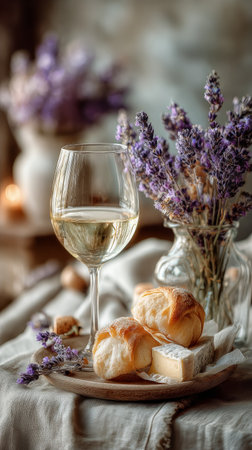 A glass of white wine sits next to slices of cheese and bread, surrounded by lavender flowers in small jars, creating a warm and inviting atmosphere for a relaxing evening.の素材