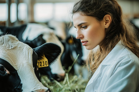 A woman wearing a white coat smiles while gently petting a cow in a green pasture surrounded by several other cows on a bright and sunny day.の素材