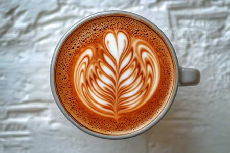 A beautifully crafted latte with intricate leaf patterns sits in a ceramic cup. The coffees rich brown color contrasts with the creamy froth, all on a textured white table.の素材