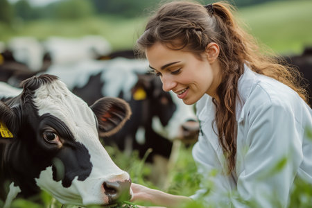 A woman wearing a white coat smiles while gently petting a cow in a green pasture surrounded by several other cows on a bright and sunny day.の素材
