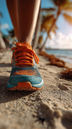 A person walks along a sandy beach path in vibrant sneakers, with palm trees swaying gently in the breeze under a clear blue sky during the daytime.の素材