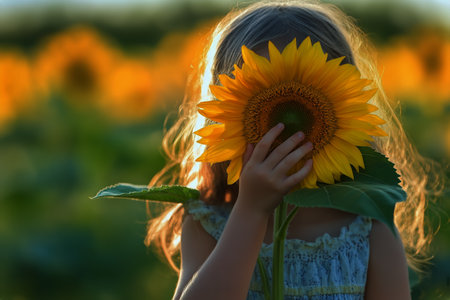 A child joyfully holds a large sunflower in front of her face, surrounded by a vibrant field of sunflowers at sunset. Golden light enhances the cheerful atmosphere.の素材