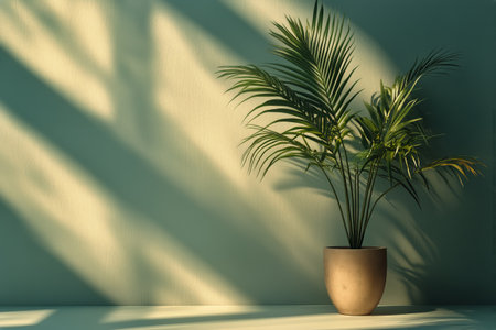 Sunlight filters through green palm leaves, creating intricate shadows on a warm-colored wall. This moment captures a tranquil and serene atmosphere, ideal for relaxation.の素材