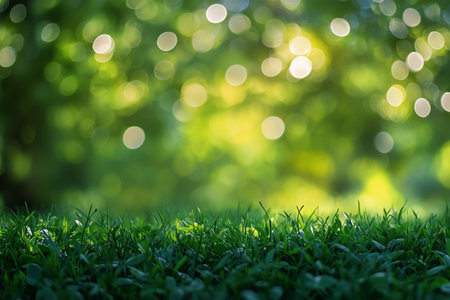 Lush green grass fills the foreground with soft, blurred bokeh effects from sunlight filtering through trees. This tranquil scene invites relaxation in a natural environment.の素材