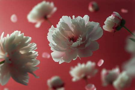 Delicate flowers are suspended against a bold red backdrop, showcasing their soft petals and vibrant colors, creating a tranquil and beautiful atmosphere in the afternoon light.の素材