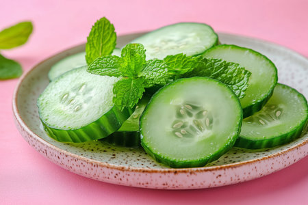 Slices of fresh cucumber arranged neatly on a speckled plate, garnished with vibrant mint leaves, set against a pink background. Perfect for a refreshing snack or salad.の素材